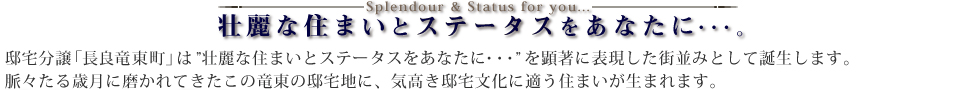 邸宅分譲「長良竜東町」は 壮麗な住まいとステータスをあなたに・・・ を顕著に表現した街並みとして誕生します。脈々たる歳月に磨かれてきたこの竜東の邸宅地に、気高き邸宅文化に適う住まいが生まれます。